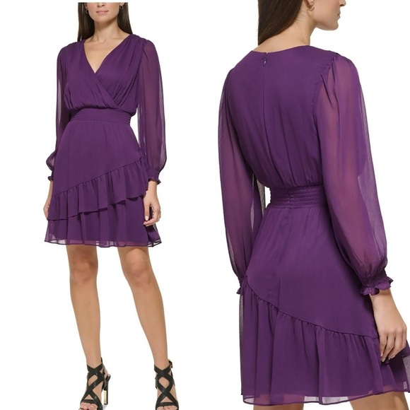 💃🏻DKNY Purple Ruffled Wrap Dress with Bishop Sleeves - Picture 1 of 7